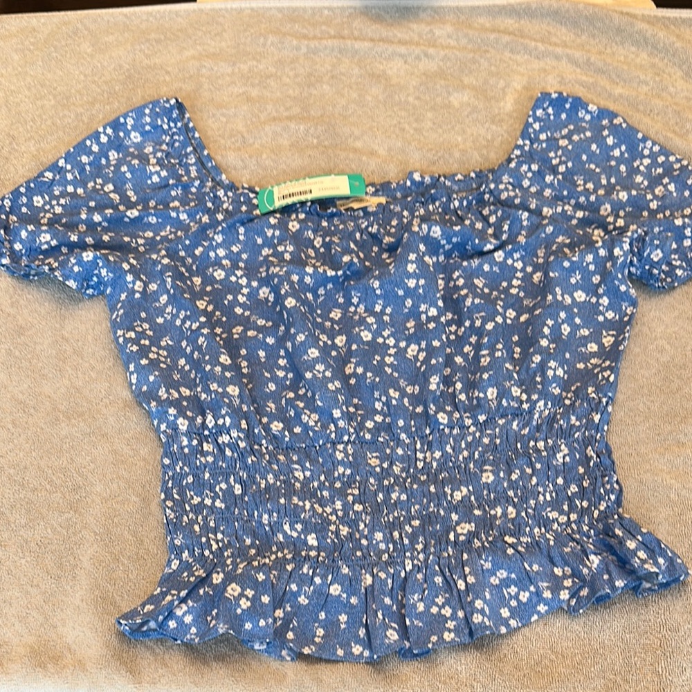 Blue and White Ruffled Puff Sleeve Blouse